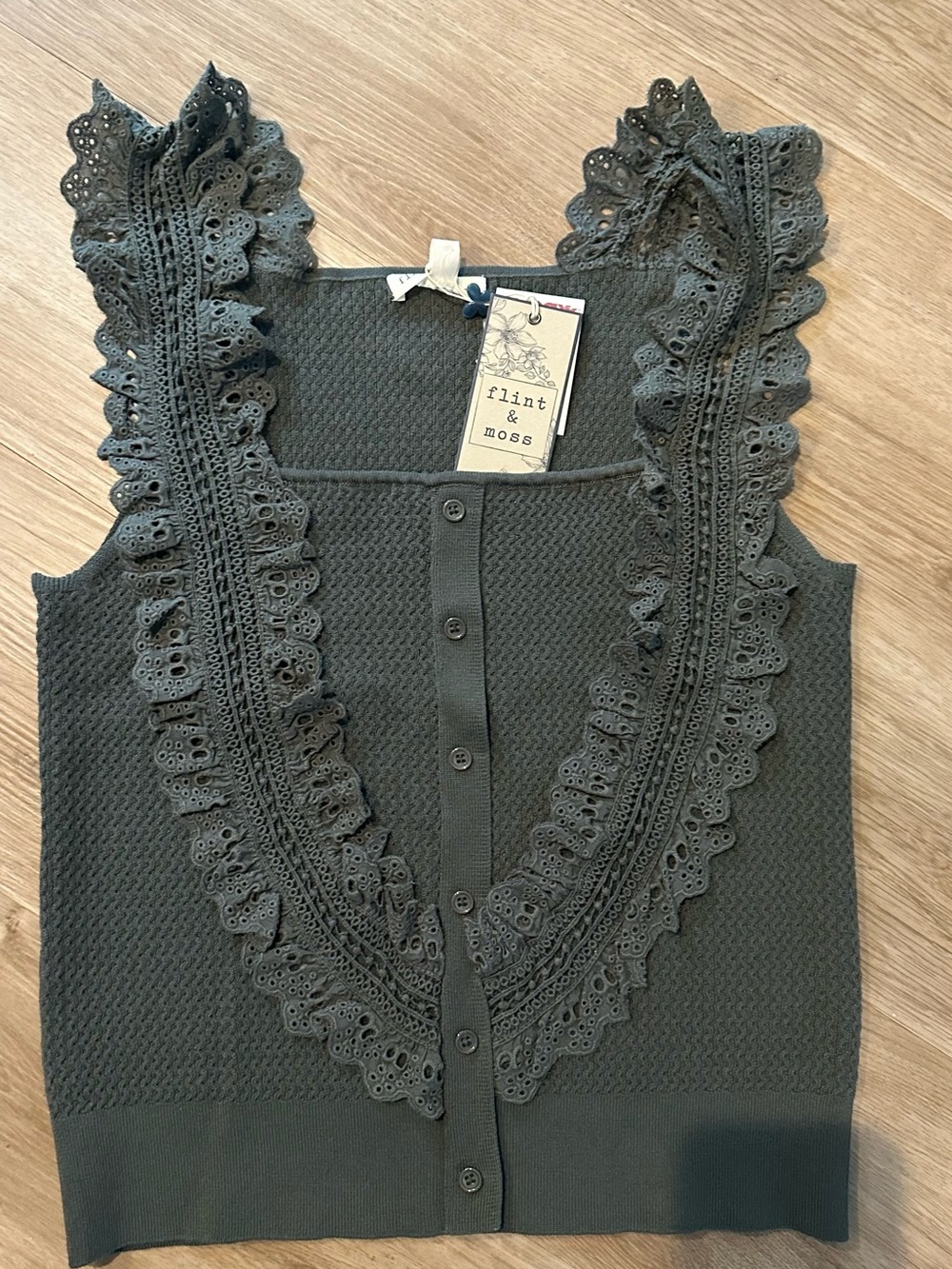 Flint&Moss boho green lace tank top M